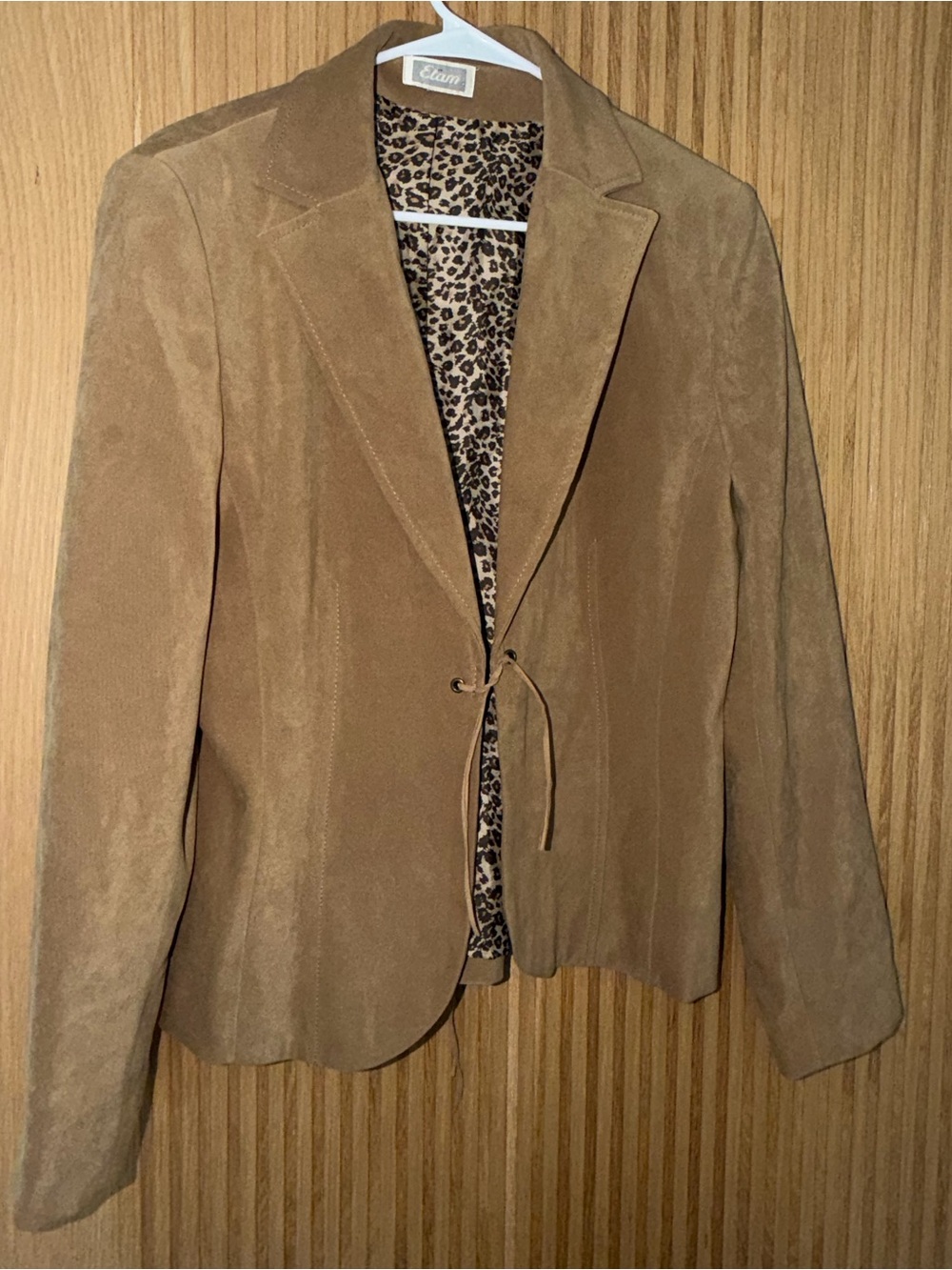 Etam Tan Faux Suede Tie-Front Blazer Jacket Leopard Print Lined Y2K Large